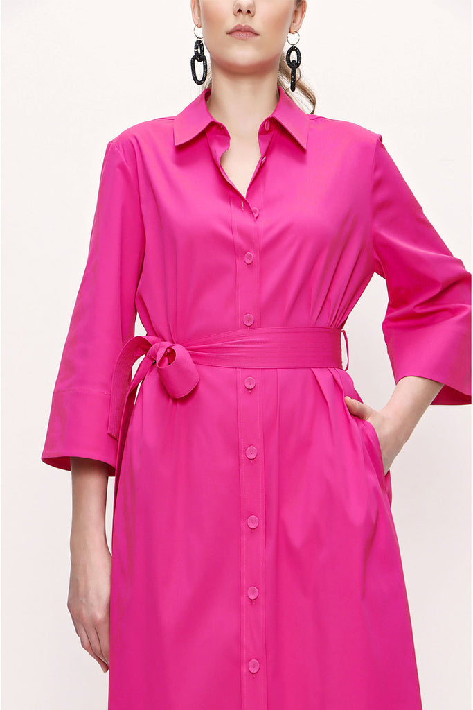 Fuchsia Belted wide cut poplin dress 93995