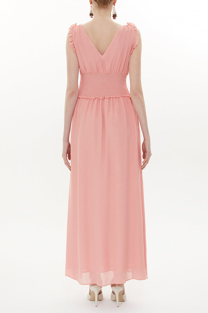 Pink Elastic waist V neck sleeveless maxi dress 93348