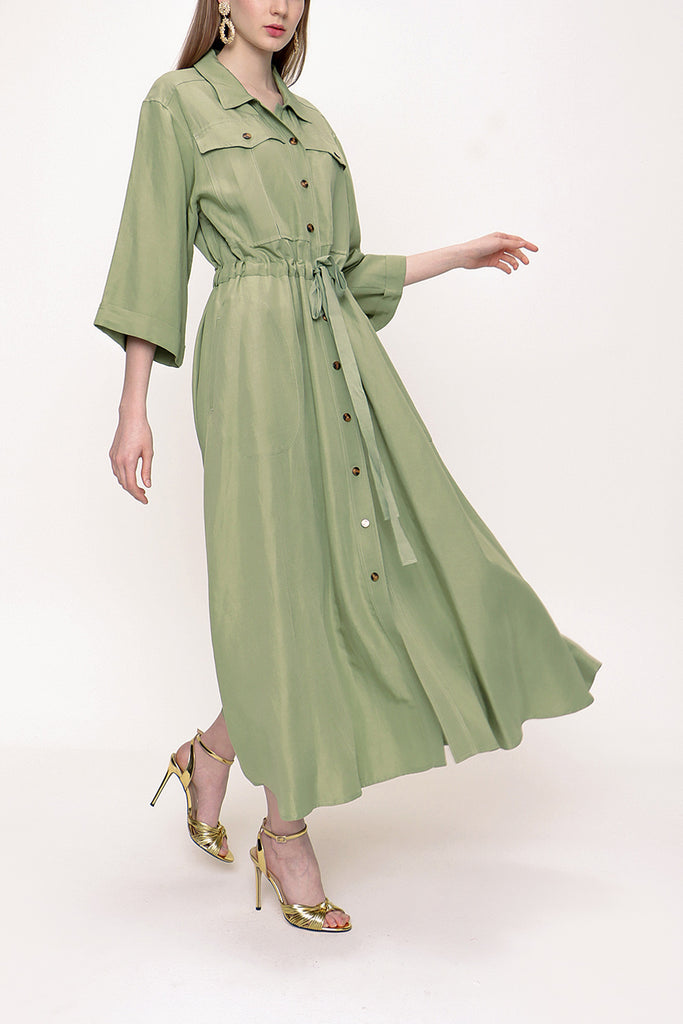 Green Wide cut linen shirt dress 93564