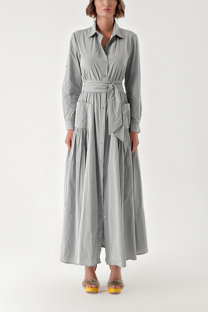 Gray Pleated maxi taffeta shirt dress 94354