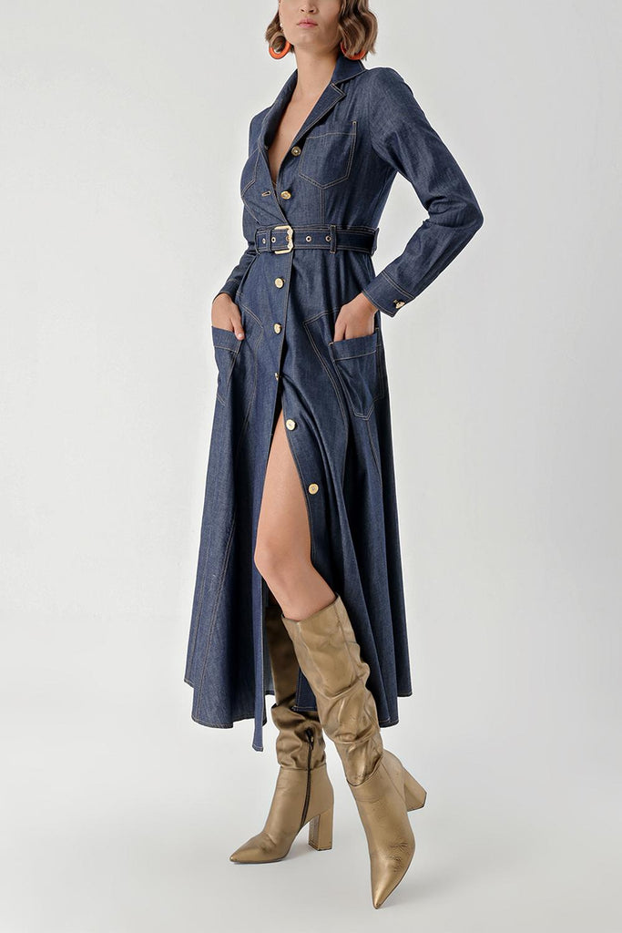 Navy Blue Button and belt detailed midi dress 94291