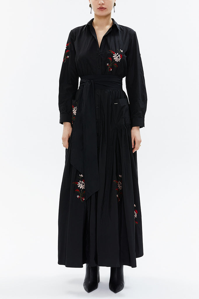 Black Embroidered taffeta long shirt dress 94135